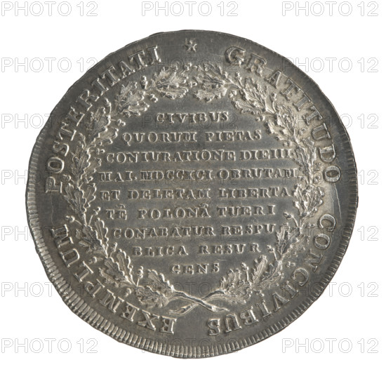 Thaler (so-called Targowica thaler), Stanislaw August Poniatowski (King of Poland; 1764–1795), Polish coin from 1793, Crown coin; obverse: in an oak-wreath, nine-line inscription: CIVIBUS/QUORUM PIETAS/CONIURATIONE DIE III/MAI.MDCCXCI OBRUTAM/ET DELETAM LIBERTA/TE POLONA TUERI/CONABATIA RESPU/BLICA RESUR/GENS; rim inscription beginning with a five-pointed star: .GRATITUDO CONCIVIBUS EXEMPLUM POSTERITATI; pearl border. Reverse: six-line inscription: DECRETO/REIPUBLICAE NEXU/CONFEDERATIONIS IUNCTAE/DIE V. XBRIS MDCCXCII/STANISLAO AUGUSTO/REGNANTE; rim inscription beginning with a five-pointed star: .10 7/16 EX MARCA PURA COLONIENSI.1793.; pearl border; edge inscription: FIDEI - PUBLICAE - PIGNUS. Material: silver coin; diameter ca. 40.5–41.6 mm; weight 27.50 g; Polish–Lithuanian Commonwealth (1569–1795), Warsaw, Poland.
