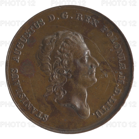 Trial crown thaler, Stanislaw August Poniatowski (King of Poland; 1764–1795). Maker: Holzhaeusser, Johann Philip (engraver, 1731/1741–1792); die master: Justyn Schröder (Mint master of the Warsaw Mint 1768–1772). Polish crown trial coin, 1771. Obverse: Head turned right of Stanislaw August, inscription around divided at the bottom: 'STANISLAUS AUGUSTUS D G REX POLONIAE MDLITU', continuous border; at neck intersection signature 'IPH'. Reverse: Scale (waga), semicircular inscription above: 'DAT IUSTI PRETIUM', date '1771' under the line, continuous border. Polish–Lithuanian Commonwealth (1569–1795), struck in Warsaw, Poland. Mint hallmark. Diameter ~40.2–40.3 mm; weight 33.27 g.