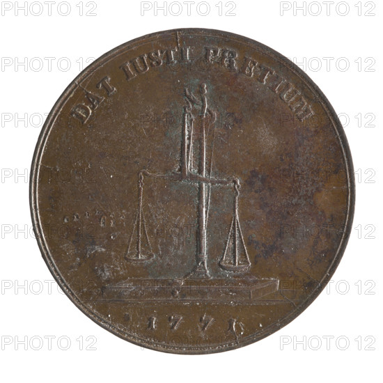 Trial crown thaler, Stanislaw August Poniatowski (King of Poland; 1764–1795). Engraver: Johann Philip Holzhaeusser (1731/1741–1792). Mint master: Justyn Schröder (Master of the Warsaw Mint 1768–1772). Polish-Lithuanian Commonwealth (1569–1795), Warsaw, Poland, 1771. Coin (trial coin), crown coin. Obverse: Head turned right of Stanislaw August, around inscription divided at bottom: STANISLAUS AUGUSTUS D G REX POLONIAE MD LITU; continuous border; signature at neck: IPH. Reverse: Scales (Waga), above semicircular inscription: DAT IUSTI PRETIUM; date 1771 below line; continuous border; mint hallmark. Diameter 40.2–40.3 mm; weight 33.27 g.