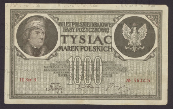 1000 Polish marks banknote (1919). Obverse: decorative medallion at left with image of Tadeusz Kosciuszko; coat of arms at right; printing colors gray-green and brown. Reverse: ornamental drawing with coat of arms in a guilloche rosette; printing color brown. Designer/printmakers: Boleslaw Wirtz Graphic Works; B. Wierzbicki i S-ka Graphic Works. Inscription: ticket of the Polish National Loan Fund, III ser. B. No. 463234. Dimensions: 1,210 × 2,131 mm.