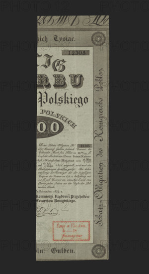 Kingdom of Poland Treasury Bond, bonds, Kingdom of Poland Treasury, securities, Kingdom of Poland Treasury Bond No. 12305 for 1,000 zloty, issued by virtue of the resolutions of His Imperial and Royal Majesty of March 26 / April 7 and July 28 / August 9, 1834, without coupons for collecting interest. Bond fragment in German. 1834. Kingdom of Poland (1815–1863), Warsaw. Security bond. Dimensions: 1.72 mm; 2.244 mm.