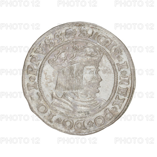 Prussian grosz, Sigismund I the Old (King of Poland; 1506–1548). Obverse: Crowned male bust in profile turned to the right, in the rim between pearly borders an inscription: .SIGIS.I.REX.PO.DO.TOCI.PRVSS. Reverse: The Eagle of Royal Prussia, in the rim between the pearl borders the inscription: .GROSSCOMV.TERR.PRVSS. 1529, Torun, Poland. Subjects/emblems: eagles, Jagiellonian dynasty, emblems, Eagle (emblem), male/royal bust; iconography of Sigismund I the Old.
