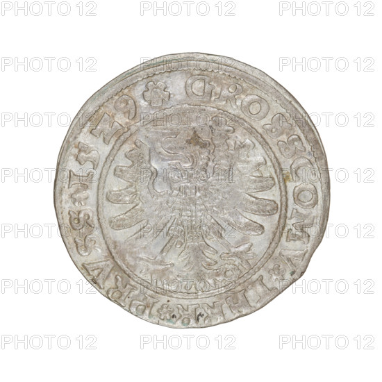 Prussian grosz, Sigismund I the Old (King of Poland; 1506–1548); obverse: crowned male bust in profile turned to the right, in the rim between pearly borders an inscription: .SIGIS.I.REX.PO.DO.TOCI.PRVSS Rw.; reverse: the Eagle of Royal Prussia, in the rim between the pearl borders the inscription: .GROSSCOMV.TERR.PRVSS.15Z9; 1529, Torun, Poland; themes: eagles, Polish coins, Jagiellonians (dynasty), emblems, Eagle (emblem), male/royal bust, Sigismund I the Old — iconography.