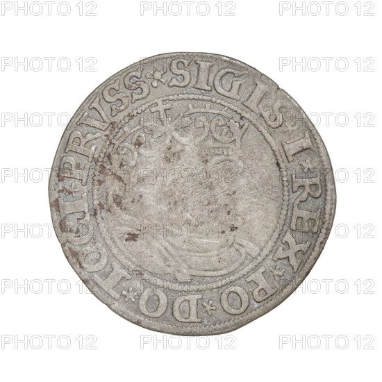 Prussian grosz, Sigismund I the Old (King of Poland; 1506–1548). Obverse: Crowned male bust in profile turned to the right; rim between pearly borders with inscription '.SIGIS.I.REX.PO.DO.TOCI.PRVSS Rw.' Reverse: The Eagle of Royal Prussia; rim between pearly borders with inscription '.GROSS.COMV.TERR.PRVSS.1533.' Date: 1533. Coin minted in Torun, Poland. Subjects/emblems: eagles, Polish coins, Jagiellonian dynasty, emblems, male/royal bust; iconography of Sigismund I the Old.