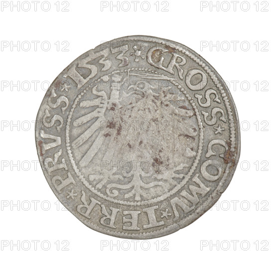 Prussian grosz, Sigismund I the Old (King of Poland; 1506–1548). Obverse: crowned male bust in profile turned to the right; inscription in rim between pearl borders: .SIGIS.I.REX.PO.DO.TOCI.PRVSS Rw. Reverse: the Eagle of Royal Prussia; inscription in rim between pearl borders: .GROSS.COMV.TERR.PRVSS. Date: 1533. Torun, Poland.