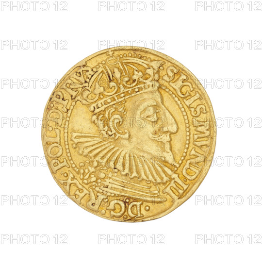Gdansk ducat, Klüwer, Filip (fl. 1588–1601); Sigismund III Vasa (King of Poland, 1587–1632 / b.1566–1632). Obverse: Bust of the king with a crown and a carthusian head, facing right. Rim inscription: SIGISMVND.III.D:G.REX.POL.D.PRVS. Reverse: Coat of arms of Gdansk with monogram PK (ligature) above. Rim inscription divided at the top by a hand with a dagger: .MONE.NO.AVR.CIVI.GEDANENSIS.95. Date: 1595. Material: coin. Weight: 3.48 g.