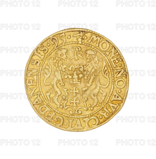 Gdansk ducat, Klüwer, Filip (fl. 1588–1601); Sigismund III Vasa (King of Poland; 1587–1632 / 1566–1632). Obverse: Bust of the king with a crown and a carthusian head, facing right. Rim inscription: SIGISMVND.III.D:G.REX.POL.D.PRVS. Reverse: Coat of arms of Gdansk with the monogram PK (ligature) above. Rim inscription, divided at the top by a hand with a dagger: .MONE.NO.AVR.CIVI.GEDANENSIS.95. Date: 1595. Place: Gdansk, Poland. Medium: coin. Weight: 3.48 g.