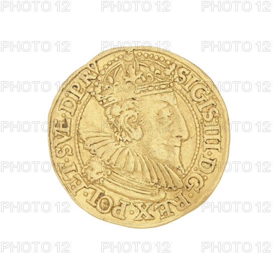 Gdansk ducat, Klüwer, Filip (fl. 1588–1601). Sigismund III Vasa (King of Poland; 1587–1632). Obverse: Bust of the king with a crown and a carthusian head, facing right; rim inscription SIGISMVND.III.D:G.REX.POL.D.PRVS. Reverse: Coat of arms of Gdansk, above it the monogram PK (ligature); rim inscription divided at the top by a hand with a dagger: .MONE.NO.AVR. CIVI.GEDANENSIS.95. Date: 1595. Poland, Gdansk. Coin; weight 3.50 g.