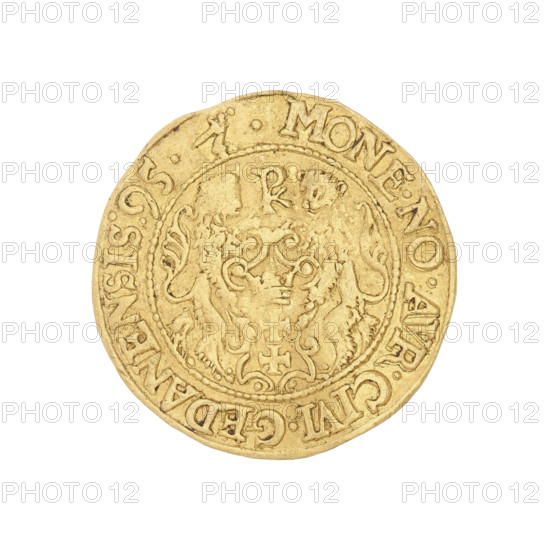 Gdansk ducat by Filip Klüwer (fl. 1588–1601), 1595. Obverse: Bust of King Sigismund III Vasa wearing a crown and carthusian hood, facing right; rim inscription SIGISMVND.III.D:G.REX.POL.D.PRVS. Reverse: Coat of arms of Gdansk with the ligatured monogram PK above; rim inscription divided at the top by a hand with a dagger: .MONE.NO.AVR. CIVI.GEDANENSIS.95. Coin, Poland (Gdansk), weight 3.50 g.