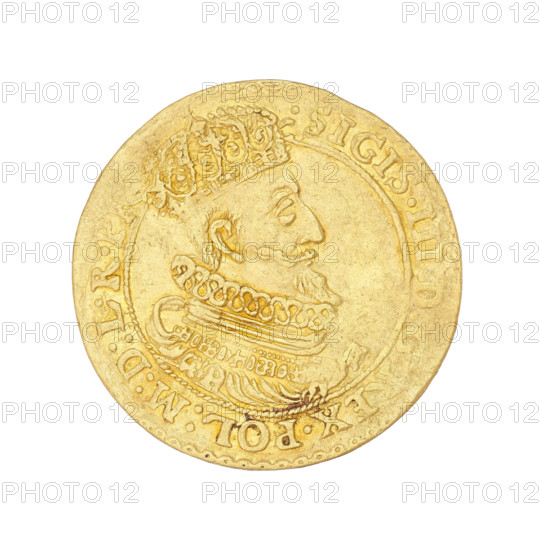 Gdansk ducat, Sigismund III Vasa (King of Poland; 1587–1632). Obverse: Bust of the king with a crown and a carthusian head, facing right; rim inscription SIGIS.III.D:G.REX.POL:MD:LRPR. Reverse: Coat of arms of Gdansk with laurel-branch decoration above; below the letters S-B; rim inscription divided at the top by a rosette: .MONE.AVREA.CIVI.GEDANENSIS.1523. Date: 1523. Place: Gdansk, Poland. Medium: coin. Weight: 3.49 g.