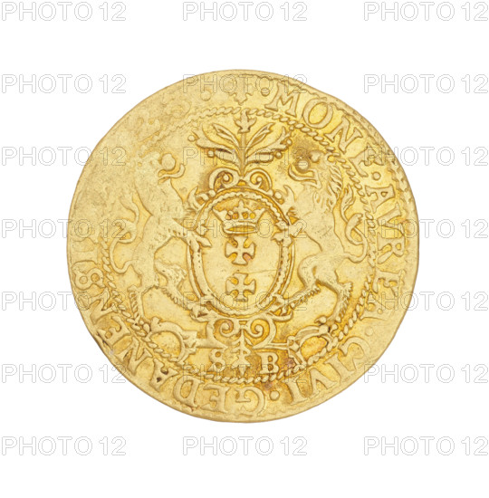 Gdansk ducat, Sigismund III Vasa (King of Poland; 1587–1632). Obverse: Bust of the king with a crown and a carthusian head, facing right; rim inscription: SIGIS.III.D:G.REX.POL:MD:LRPR. Reverse: Coat of arms of Gdansk with laurel-branch decoration above; below, letters S - B; rim inscription divided at the top by a rosette: .MONE.AVREA.CIVI.GEDANENSIS.1523. Date: 1523. Place: Gdansk, Poland. Object: coin (ducat). Weight: 3.49 g.