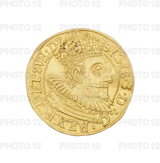 Gdansk ducat, Klüwer, Filip (fl. 1588–1601); Sigismund III Vasa (King of Poland, 1587–1632); obverse: bust of the king with a crown and a carthusian head, facing right; rim inscription: SIGIS.3.D:G.REX.POL.ET.SVE.DP.; reverse: coat of arms of Gdansk with the monogram PK (ligature) above; rim inscription divided at the top by a hand with a dagger: .MONE.NO.AVR. CIVI.GEDANENSIS.97.; dated 1597; Poland, Gdansk; coin; weight 3.49 g