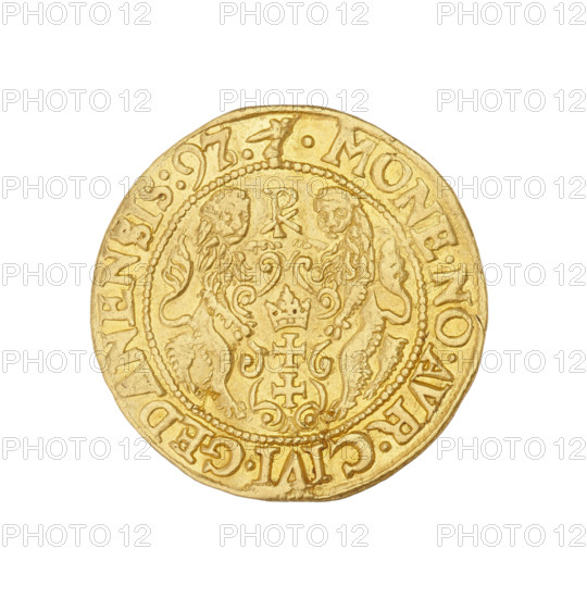 Gdansk ducat; maker: Filip Klüwer (fl. 1588–1601); ruler: Sigismund III Vasa (King of Poland, 1587–1632); material: coin; type: Polish ducat; date: 1597; place: Gdansk, Poland; weight: 3.49 g. Obverse: Bust of the king facing right, wearing a crown and a carthusian hood; rim inscription: SIGIS.3.D:G.REX.POL.ET.SVE.DP. Reverse: Coat of arms of Gdansk with the monogram PK (ligature) above; rim inscription divided at the top by a hand with a dagger: .MONE.NO.AVR.CIVI.GEDANENSIS.97.