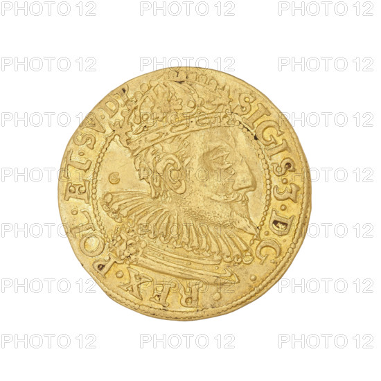 Gdansk ducat, Sigismund III Vasa (King of Poland; 1587–1632). Maker: Daniel Klüwer (fl. 1608–1618). Obverse: Bust of the king with a crown and a Carthusian hood, facing right; rim inscription SIGIS.3.D:G.REX.POL.ET.SVE.DP. Reverse: Coat of arms of Gdansk with the monogram PK (ligature) above; rim inscription divided at the top by a bear's paw: .MONE.NO.AVR.CIVI.GEDANENSIS.1609. Date: 1609. Place: Gdansk, Poland. Object type: coin (ducat). Weight: 3.51 g.