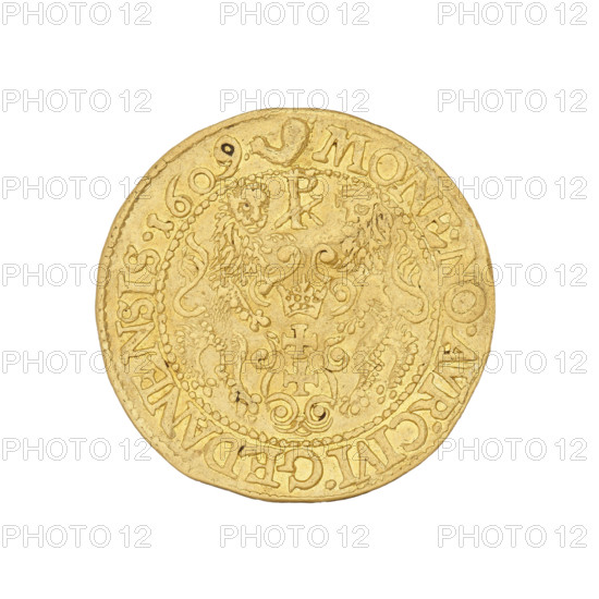 Gdansk ducat, Sigismund III Vasa (King of Poland; 1587–1632); maker: Daniel Klüwer (fl. 1608–1618). Obverse: Bust of the king with a crown and a carthusian head, facing right. Rim inscription: SIGIS.3.D:G.REX.POL.ET.SVE.DP. Reverse: Coat of arms of Gdansk with the monogram PK (ligature) above. Rim inscription divided at the top by a bear's paw: .MONE.NO.AVR.CIVI.GEDANENSIS.1609. Date: 1609. Medium: coin. Weight: 3.51 g.