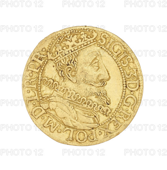 Gdansk ducat by Daniel Klüwer (fl. 1608–1618). Obverse: Bust of King Sigismund III Vasa (1566–1632) wearing a crown and a Carthusian head to the right; rim inscription SIGISMVND.3.DGREX.POL.MDLRPR. Reverse: Coat of arms of Gdansk with laurel-leaf decoration above; rim inscription divided at the top by a bear’s paw: .MONE.NO.AVR.CIVI.GEDANENSIS.1610. Date: 1610. Poland, Gdansk. Coin, weight 3.48 g.
