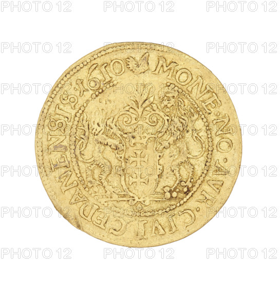 Gdansk ducat by Daniel Klüwer (fl. 1608–1618), 1610. Obverse: Bust of King Sigismund III Vasa wearing a crown and a carthusian head to the right; rim inscription SIGISMVND.3.DGREX.POL.MDLRPR. Reverse: Coat of arms of Gdansk with laurel leaf decoration above; rim inscription divided at the top by a bear's paw: .MONE.NO.AVR. CIVI.GEDANENSIS.1610. Polish coin (Gdansk), weight 3.48 g.