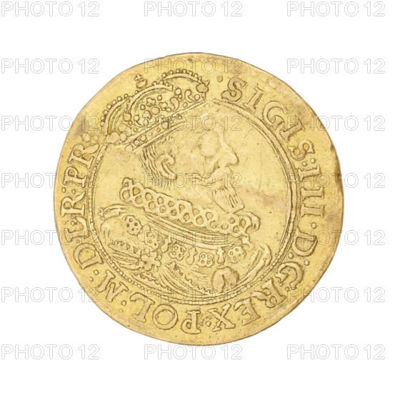 Gdansk ducat, Sigismund III Vasa (King of Poland; 1587–1632). Obverse: Bust of the king with a crown and a carthusian head, facing right; rim inscription SIGIS.III.DGREX.POL.MDLRPR. Reverse: Gdansk coat of arms with laurel leaf decoration above; rim inscription divided at the top by a rosette: .MONE.AVREA.CIVI.GEDANENSIS.1631. 1531. Poland, Gdansk; coin; weight 3.44 g.