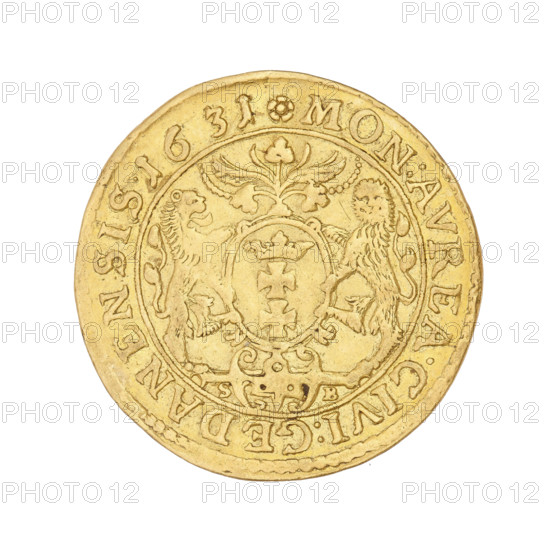Gdansk ducat, Sigismund III Vasa (King of Poland; 1587–1632). Obverse: Bust of the king with a crown and a carthusian head, facing right; rim inscription SIGIS.III.DGREX.POL.MDLRPR. Reverse: Gdansk coat of arms with laurel leaf decoration above; rim inscription divided at the top by a rosette: .MONE.AVREA.CIVI.GEDANENSIS.1631. 1531? Poland, Gdansk. Coin; weight 3.44 g.