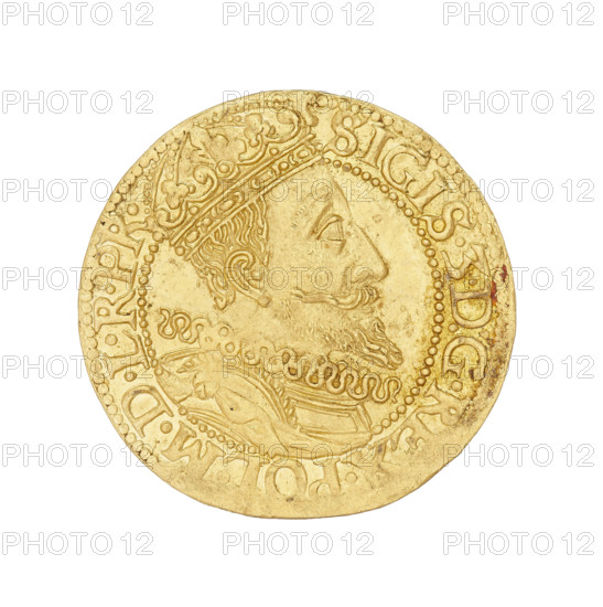 Gdansk ducat, Klüwer, Daniel (fl. 1608–1618); Sigismund III Vasa (King of Poland; 1566–1632). Obverse: Bust of the king with a crown and a carthusian head to the right; rim inscription SIGIS.3.DGREX.POL.MDLRPR. Reverse: Coat of arms of Gdansk with laurel leaf decoration above; rim inscription divided at the top by a bear's paw: .MONE.AVREA. CIVI.GEDANENSIS.1612. Date: 1612. Place: Gdansk, Poland. Object: coin (ducat). Weight: 3.49 g.
