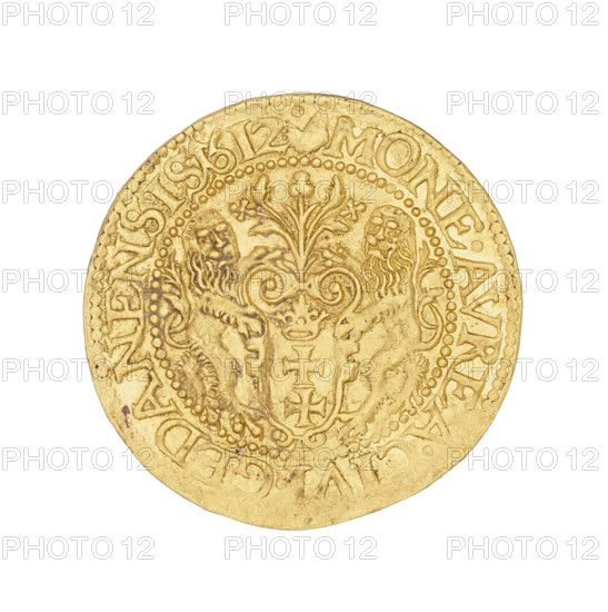 Gdansk ducat by Daniel Klüwer (active 1608–1618), 1612. Obverse: Bust of King Sigismund III Vasa (1566–1632) wearing a crown and carthusian head to the right; rim inscription SIGIS.3.DGREX.POL.MDLRPR. Reverse: Coat of arms of Gdansk with laurel leaf decoration above; rim inscription divided at top by a bear's paw: .MONE.AVREA.CIVI.GEDANENSIS.1612. Silver coin (ducat), weight 3.49 g.