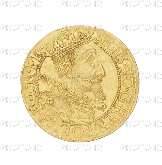 Gdansk ducat, Klüwer, Daniel (fl. 1608–1618); Sigismund III Vasa (King of Poland; 1566–1632). Obverse: Bust of the king with a crown and a carthusian head to the right; rim inscription: SIGIS.3.DGREX.POL.MDLRPR. Reverse: Coat of arms of Gdansk with laurel leaf decoration above; rim inscription divided at the top by a bear's paw: .MONE.AVREA.CIVI.GEDANENSIS.1612. Date: 1612. Place: Gdansk, Poland. Medium: coin. Weight: 3.52 g.