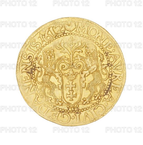 Gdansk ducat by Daniel Klüwer (fl. 1608–1618), 1612. Obverse: Bust of King Sigismund III Vasa (1566–1632) with a crown and cartouche head to the right; rim inscription: SIGIS.3.DGREX.POL.MDLRPR. Reverse: Coat of arms of Gdansk with laurel-leaf decoration above; rim inscription divided at top by a bear's paw: .MONE.AVREA.CIVI.GEDANENSIS.1612. Coin, 3.52 g.