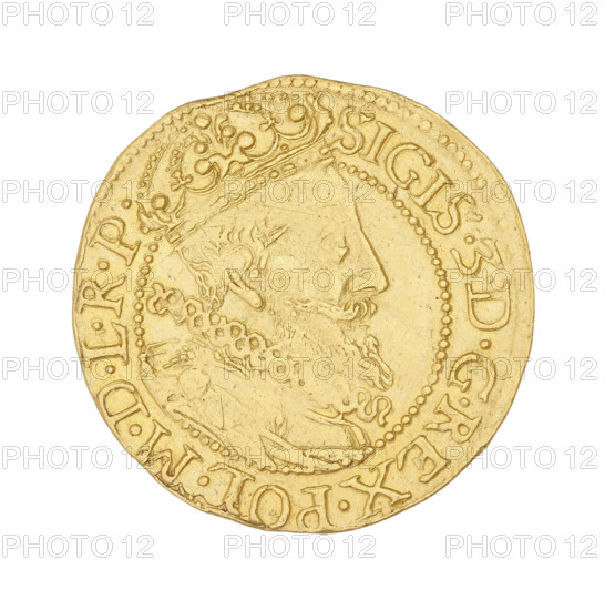 Gdansk ducat; maker: Daniel Klüwer (fl. 1608–1618); subject: Sigismund III Vasa (King of Poland, 1587–1632); date: 1614; material/function: coin, weight 3.49 g. Obverse: bust of the king with a crown and a carthusian head to the right; rim inscription SIGIS.3.DGREX.POL.MDLRPR. Reverse: coat of arms of Gdansk with laurel-leaf decoration above; rim inscription divided at the top by a bear's paw: .MONE.AVREA.CIVI.GEDANENSIS.1614.