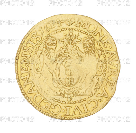 Gdansk ducat; maker: Daniel Klüwer (fl. 1608–1618); ruler: Sigismund III Vasa (King of Poland; 1566–1632); material: coin (gold ducat); date: 1614; place: Gdansk, Poland; weight: 3.49 g. Obverse: bust of the king with a crown and a carthusian head to the right; rim inscription: SIGIS.3.DGREX.POL.MDLRPR. Reverse: coat of arms of Gdansk with laurel-leaf decoration above; rim inscription divided at top by a bear's paw: MONE.AVREA.CIVI.GEDANENSIS.1614.