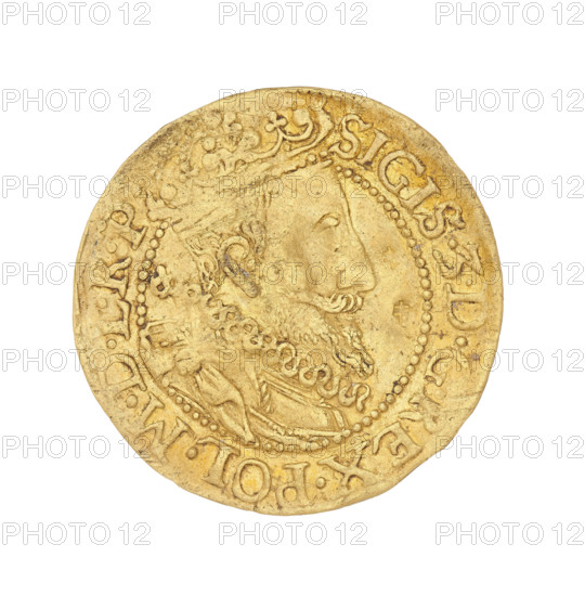 Gdansk ducat; engraver: Daniel Klüwer (fl. 1608–1618); ruler: Sigismund III Vasa (King of Poland; 1587–1632 / b.1566–d.1632). Obverse: bust of the king with a crown and a carthusian head, facing right; rim inscription SIGIS.3.DGREX.POL.MDLRPR. Reverse: coat of arms of Gdansk with laurel-leaf decoration above; rim inscription divided at top by a bear's paw: MONE.AVREA.CIVI.GEDANENSIS.1614. Date: 1614. Place: Gdansk, Poland. Object: coin (ducat). Weight: 3.48 g.