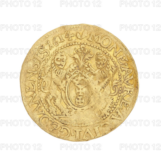 Gdansk ducat, Klüwer, Daniel (fl. 1608–1618); Sigismund III Vasa (King of Poland; 1566–1632). Obverse: Bust of the king with a crown and a carthusian head to the right; rim inscription SIGIS.3.DGREX.POL.MDLRPR. Reverse: Coat of arms of Gdansk with laurel leaf decoration above; rim inscription divided at top by a bear's paw: .MONE.AVREA.CIVI.GEDANENSIS.1614. Date: 1614. Material: coin. Weight: 3.48 g. Location: Gdansk, Poland.