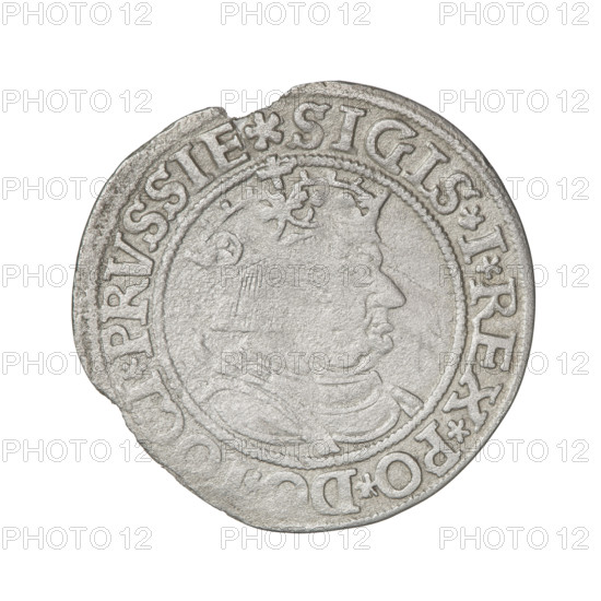 Prussian grosz, Sigismund I the Old (King of Poland; 1506–1548); silver coin, 1534. Obverse: Crowned male bust in profile turned to the right, rim inscription: .SIGIS.I.REX.PO.DO., CI.PRVSSIE. Reverse: The Eagle of Royal Prussia, rim inscription: .GROSS.COM, RR.PRVSSIE. Torun, Poland. Subjects/emblems: eagles, Jagiellonian dynasty, royal bust, male bust, emblems; iconography of Sigismund I the Old.