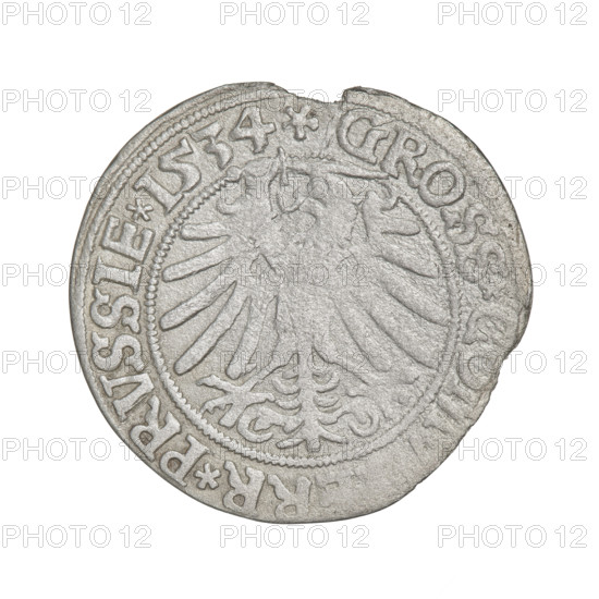Prussian grosz, Sigismund I the Old (King of Poland; 1506–1548). Obverse: Crowned male bust in profile turned to the right; rim between pearly borders inscribed '.SIGIS.I.REX.PO.DO., CI.PRVSSIE'. Reverse: The Eagle of Royal Prussia; rim between pearly borders inscribed '.GROSS.COM, RR.PRVSSIE.1534'. Dated 1534, Torun, Poland. Subjects/themes: eagles, Polish coins, Jagiellonian dynasty emblems, royal bust, iconography of Sigismund I the Old. Materials/function: coin.