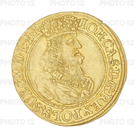 Gdansk ducat, John II Casimir Vasa (King of Poland; 1648–1668), struck 1662. Maker: Daniel Lesse (1656–1685). Obverse: crowned right-profile bust of the king wearing the Order of the Golden Fleece, within a rope rim inscribed 'IOH.CAS.DGR POL.& SUEC.MDLRP'. Reverse: coat of arms held by two lions, a wreath with a flower at top, a cartouche dividing the letters 'DL' at bottom, within a corded rim inscribed 'MON:AUREA CIVITAT.GEDANENS.1662'. Material: coin; weight 3.44 g.