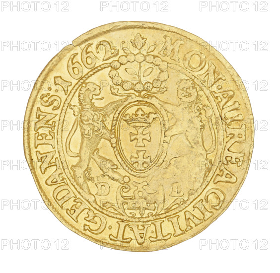 Gdansk ducat, John II Casimir Vasa (King of Poland; 1648–1668), maker: Daniel Lesse (1656–1685). Obverse: crowned bust of the king, right profile, wearing the Order of the Golden Fleece; legend within a rope rim: IOH.CAS.DGR POL.& SUEC.MDLRP. Reverse: coat of arms held by two lions, wreath with a flower above, cartouche dividing letters DL below; corded rim legend: MON:AUREA CIVITAT.GEDANENS.1662. Date: 1662. Medium: coin. Weight: 3.44 g. Location: Gdansk, Poland.