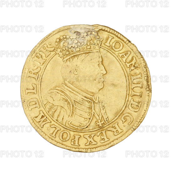 Gdansk ducat, John III Sobieski (King of Poland; 1674–1696), John III Sobieski (King of Poland; 1629–1696); Obv.: bust in crown in right profile in Roman costume, inscription in the field: IOAN.III DGREX POL.MDLRPR. Reverse: oval coat of arms of Gdansk supported by two lions, at the top a wreath with flowers; at the bottom a mint mark; inscription in the field: MON.AUREA CIVITAT.GEDAN.1688; 1688; Gdansk, Poland; coin.