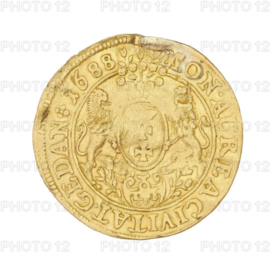Gdansk ducat, John III Sobieski (King of Poland; 1674–1696), John III Sobieski (King of Poland; 1629–1696); Obverse: bust in crown in right profile in Roman costume, inscription in the field: IOAN.III DGREX POL.MDLRPR. Reverse: oval coat of arms of Gdansk supported by two lions, at the top a wreath with flowers; at the bottom a mint mark; inscription in the field: MON.AUREA CIVITAT.GEDAN.1688; dated 1688; silver coin from Gdansk, Poland.