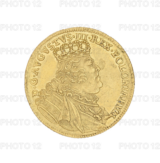 Crown ducat, Augustus III Saxony (King of Poland; 1733–1763), Goedecke, Johan Georg (1750–1753). Augustus III Saxony (King of Poland; Elector of Saxony; 1696–1763). Leipzig (Germany). Polish coin (crown). Obverse: Crowned bust facing right, legend: DGAUGUSTUS III. REX POLONIARUM. Reverse: Under the crown a five-field shield with the Polish, Lithuanian and Saxon coats of arms. At the bottom the letters IGG. Inscription: SAC.ROM.IMP.ARCHIM. ET ELECT. 1754. Date: 1754. Place: Poland, Leipzig. Medium: coin. Weight: 3.48 g.