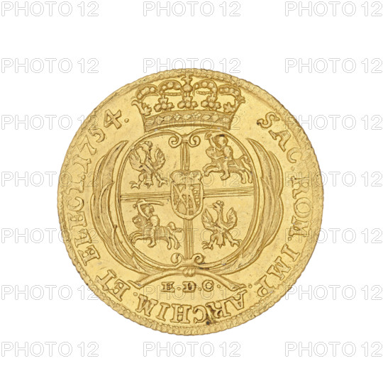 Crown ducat, Augustus III Saxony (King of Poland; 1733–1763), Johann Georg (mintmaster, 1750–1753), Augustus III Saxony (King of Poland; Elector of Saxony; 1696–1763), Leipzig (Germany), Polish coin, crown. Obverse: Crowned bust facing right, legend: DGAUGUSTUS III. REX POLONIARUM. Reverse: Under the crown a five-field shield with the Polish, Lithuanian and Saxon coats of arms. At the bottom the letters IGG. Inscription: SAC.ROM. IMP.ARCHIM. ET ELECT. 1754. Date: 1754. Material: coin. Weight: 3.48 g.