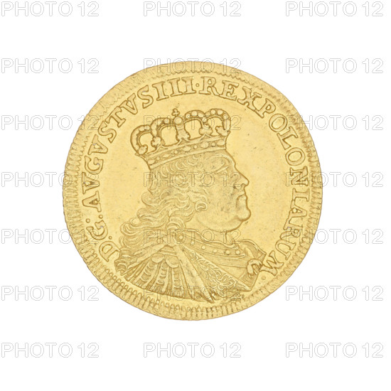 Crown ducat by Croll, Ernest Dietrich (fl. 1753–1763), 1754. Obverse: Bust of August III in armour with a crown, right profile. Legend: DGAUGUSTUS.III.REX.POLONIARUM. Reverse: Under a crown a five-field shield between palm branches with the Polish, Lithuanian, and Saxon coats of arms; at the bottom the letters EDC. Inscription: SAC.ROM.IMP.ARCHIM. ET ELECT. Weight: 3.46 g.
