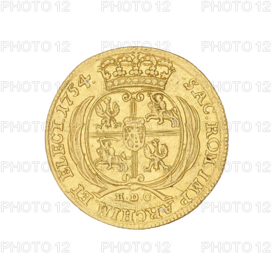 Crown ducat by Ernest Dietrich Croll (fl. 1753–1763) for August III Sas (King of Poland; Elector of Saxony; 1696–1763), 1754. Obverse: Bust of the king in armour with a crown, right profile. Legend: DGAUGUSTUS.III.REX.POLONIARUM. Reverse: Under a crown a five-field shield between palm branches with the Polish, Lithuanian, and Saxon coats of arms; at the bottom the letters EDC. Inscription: SAC.ROM.IMP.ARCHIM. ET ELECT. Weight: 3.46 g. Made in Leipzig, Poland (minting context: Polish coin, crown).