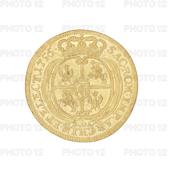 crown ducat; maker: Croll, Ernest Dietrich (fl. 1753–1763); subject: August III Sas (King of Poland; Elector of Saxony; 1696–1763); place: Leipzig, Germany; date: 1756; material/object: coin (Polish crown ducat); weight: 3.45 g. Obv.: Bust of the king in armour with a crown, right profile. Legend: DGAUGUSTUS.III.REX.POLONIARUM. Rev.: Under the crown a five-field shield, between palm branches, with the Polish, Lithuanian and Saxon coats of arms. At the bottom the letters EDC. Inscription: SAC.ROM.IMP.ARCHIM. ET ELECT.