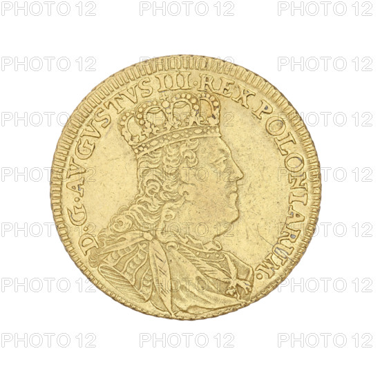Crown Augustus, Croll, Ernest Dietrich (fl. 1753-1763), Augustus III Saxony (King of Poland; 1733-1763), Augustus III Saxony (King of Poland; Elector of Saxony; 1696-1763), thaler, Leipzig (Germany), Polish coins, crowns. Obv.: Crowned bust of the king in right profile, legend: D:G:AUGUSTUS. III.REX. POLONIARUM. Reverse: Under the crown, framed by two branches, a five-field shield with the Polish, Lithuanian and Saxon coats of arms. Below G; under the line 5TH. Inscription: SAC.ROM.IMP.ARCHIM.ET ELECT. 1753. Weight 6.67 g.