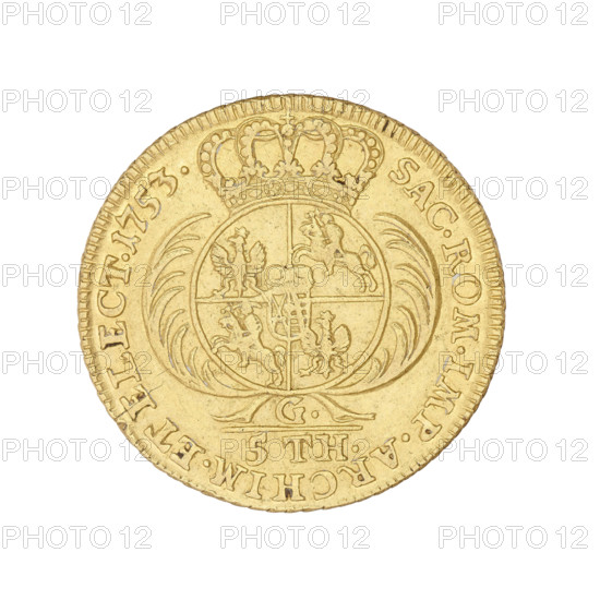 Crown Augustus, Croll, Ernest Dietrich (fl. 1753–1763); Augustus III Saxony (King of Poland; Elector of Saxony; 1696–1763). Thaler, 1753, Leipzig. Obverse: Crowned bust of the king in right profile, legend 'D:G:AUGUSTUS. III.REX. POLONIARUM'. Reverse: Under a crown, framed by two branches, a five-field shield with the Polish, Lithuanian and Saxon coats of arms; below 'G'; under the line '5TH'. Inscription: 'SAC.ROM.IMP.ARCHIM.ET ELECT.' Weight 6.67 g. Polish coin.