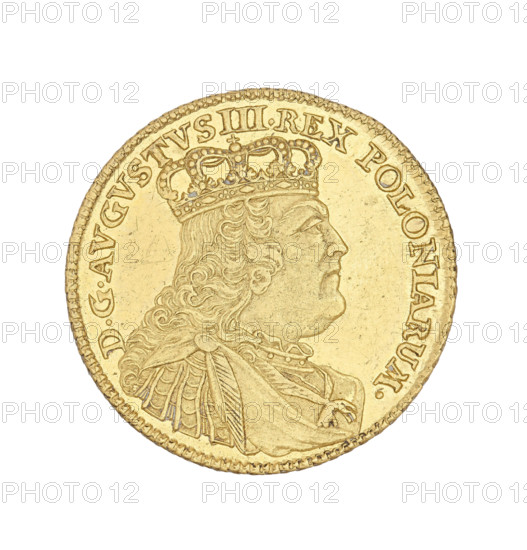 Crown; Croll, Ernest Dietrich (fl. 1753–1763); Augustus III of Saxony (King of Poland; 1733–1763; Elector of Saxony; 1696–1763). Leipzig, 1754. Thaler (coin), Polish crown coin, weight 6.60 g. Obverse: Crowned bust of the king in right profile, legend 'D:G:AUGUSTUS. III.REX. POLONIARUM'. Reverse: Under the crown, framed by two branches, a five-field shield with the Polish, Lithuanian, and Saxon coats of arms; below: 'E-5TH-C.' Inscription: 'SAC.ROM.IMP.ARCHIM.ET ELECT.'