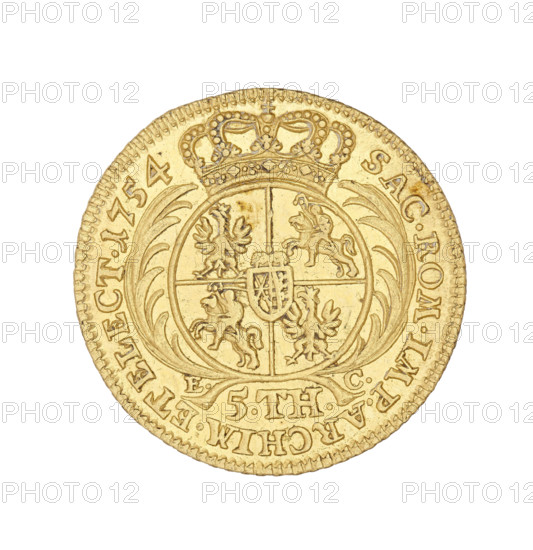 Crown Augustus, Croll, Ernest Dietrich (fl. 1753–1763), Augustus III (King of Poland; Elector of Saxony; 1696–1763), Leipzig (Germany), thaler, Polish coin, crown. Obverse: Crowned bust of the king in right profile, legend: D:G:AUGUSTUS. III.REX. POLONIARUM. Reverse: Under the crown, framed by two branches, a five-field shield with the Polish, Lithuanian, and Saxon coats of arms. Below E-5TH-C. Inscription: SAC.ROM.IMP.ARCHIM.ET ELECT. Date: 1754. Weight: 6.60 g.