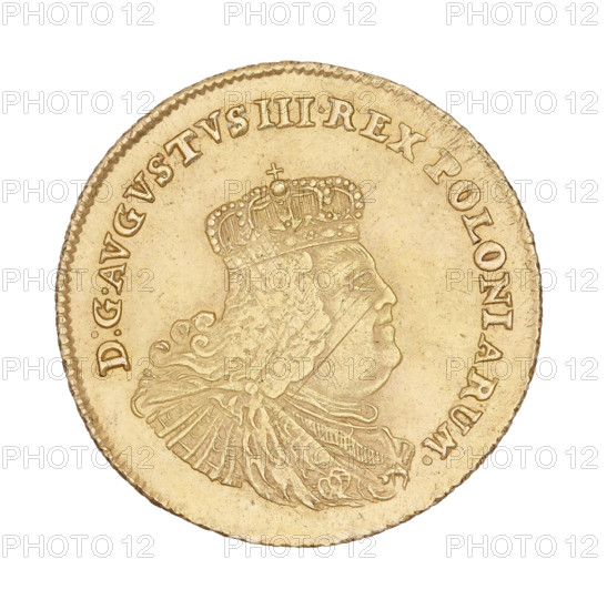 Crown Augustus; maker: Ernest Dietrich Croll (fl. 1753–1763); subject: Augustus III Sas (King of Poland 1733–1763; Elector of Saxony 1696–1763); place: Leipzig, 1755; object: thaler (coin), weight 6.68 g. Obverse: crowned bust of the king right profile, legend 'D:G: AUGUSTUS III.REX POLONIARUM.' Reverse: under a crown, a five-field shield with Polish, Lithuanian, and Saxon coats of arms; below the initials 'EC' and the value '5.TH.'; inscription 'SAC.ROM.IMP.ARCHIM.ET ELECT.1755.'