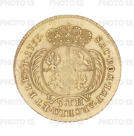 Crown Augustus; maker: Croll, Ernest Dietrich (fl. 1753–1763). Subject: Augustus III Sas (King of Poland 1733–1763; Elector of Saxony 1696–1763). Place/date: Leipzig, 1755. Object: thaler (coin), weight 6.68 g. Obverse: Crowned bust of the king in right profile; legend 'D:G: AUGUSTUS III.REX POLONIARUM.' Reverse: Under a crown, a five-field shield with the Polish, Lithuanian, and Saxon coats of arms; below the initials 'EC' and the value '5.TH.'; inscription 'SAC.ROM.IMP.ARCHIM.ET ELECT.1755.'