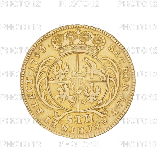 Crown Augustus; maker: Croll, Ernest Dietrich (fl. 1753–1763). Subject: Augustus III Sas (King of Poland 1733–1763; Elector of Saxony 1696–1763). Place/date: Leipzig, 1756. Object: thaler (Polish coin), weight 6.55 g. Obverse: Crowned bust of the king in right profile. Legend: D:G: AUGUSTUS III.REX POLONIARUM. Reverse: Under a crown, a five-field shield with the Polish, Lithuanian, and Saxon coats of arms; below the initials EC and the value 5.TH. Inscription: SAC.ROM.IMP.ARCHIM.ET ELECT.1756.