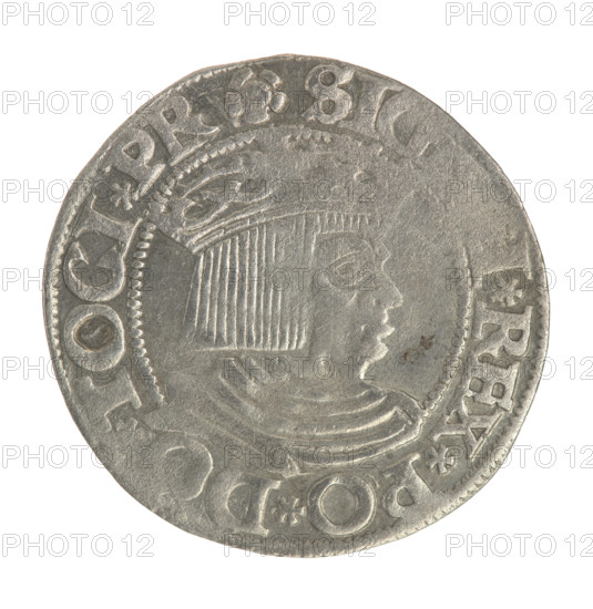 Gdansk grosz, Sigismund I the Old (King of Poland; 1506–1548). Polish coin of the Jagiellon dynasty. Obverse: crowned male bust in profile turned to the right; in the rim between pearl-shaped borders an inscription: .SI, I.REX.PO.DO.TOCI.PR. Reverse: coat of arms of Gdansk; in the rim between pearl-shaped borders an inscription: .GROS, IVI.DANCZ., 34, 1534. Poland, Gdansk.